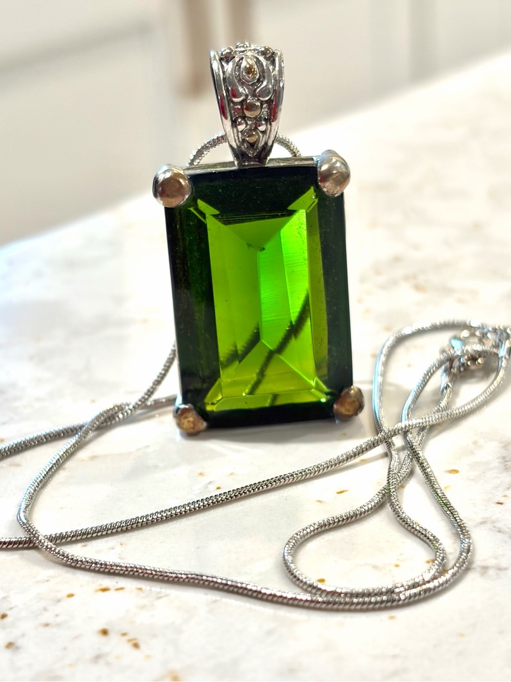 Vintage Emerald-Cut Green Gemstone Pendant & Silver Snake Chain